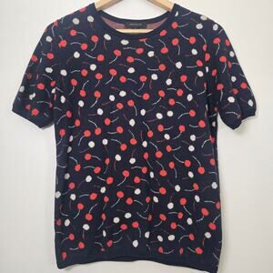 Ann Taylor Cherry Short Sleeve Sweater Size M Cotton Blend Navy Red Novelty